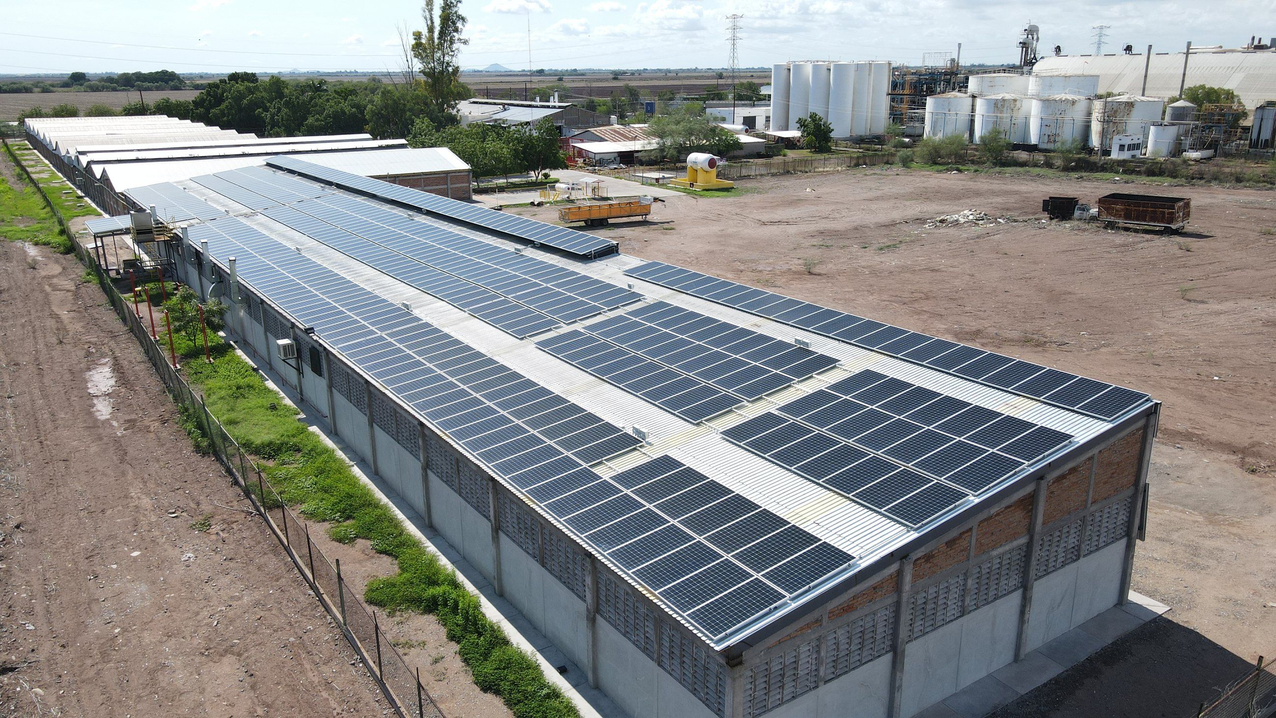Nave industrial de CEMOPAC en Navojoa con filas de paneles solares a todo lo largo del techo, vista desde dron